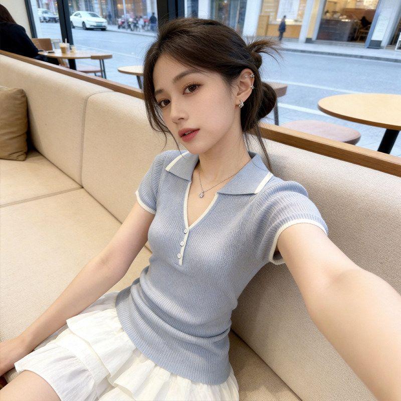 [Thời gian có hạn Seckill] Áo thun ngắn tay dệt kim màu tương phản kiểu Pháp dành cho nữ Mùa hè Phong cách mới Slim-Fit Slimmer Look Áo sơ mi nhỏ hàng đầu độc đáo