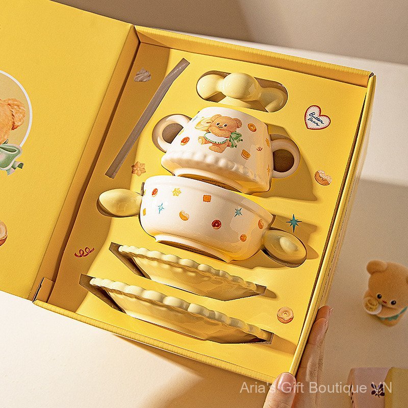 [Aria] [Bà nội trợ hiện đại & Gấu bơ] Bộ đồ ăn bát màu Underglaze Hộp quà tặng