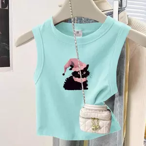 Áo thun ngắn in hình mèo con màu hồng mùa hè ngọt ngào mát mẻ Hot Girl Áo thun ngắn Slim-fit cho nữ