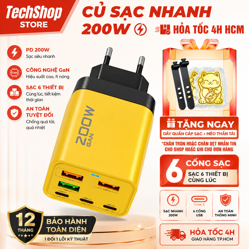 Củ Sạc Nhanh GaN 200W, 4 Cổng PD Type-C, Sạc Nhanh Đa Thiết Bị