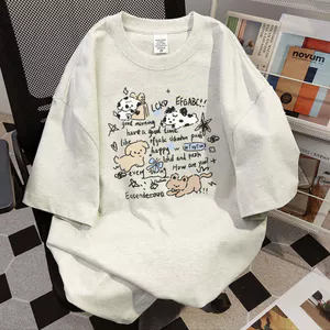 Áo thun Cotton dày in hình hoạt hình nam mùa hè dáng rộng cổ tròn Mỹ hợp thời trang