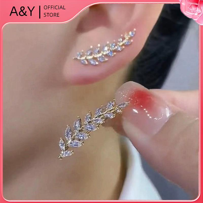Bông tai hình lá kim cương giả sáng bóng sang trọng A & Y dành cho nữ Bông tai vòng đeo tai lúa mì tinh tế Trang sức cưới.