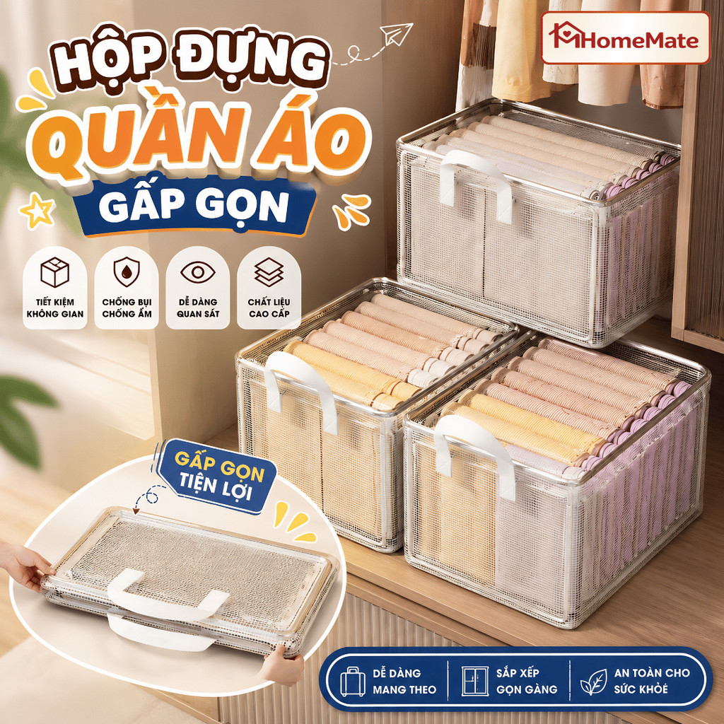 Hộp Đựng Quần Áo Gấp Gọn HomeMate, Hộp Vải Lưới PVC Trong Suốt Khung Thép Sắp Xếp Nhà Cửa Gọn Gàng