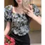 Áo sơ mi cổ vuông cổ điển khí chất kiểu Pháp dành cho nữ mùa hè ngắn vừa vặn Slim-fit Thiết kế dáng ôm hơn Áo tay phồng Niche
