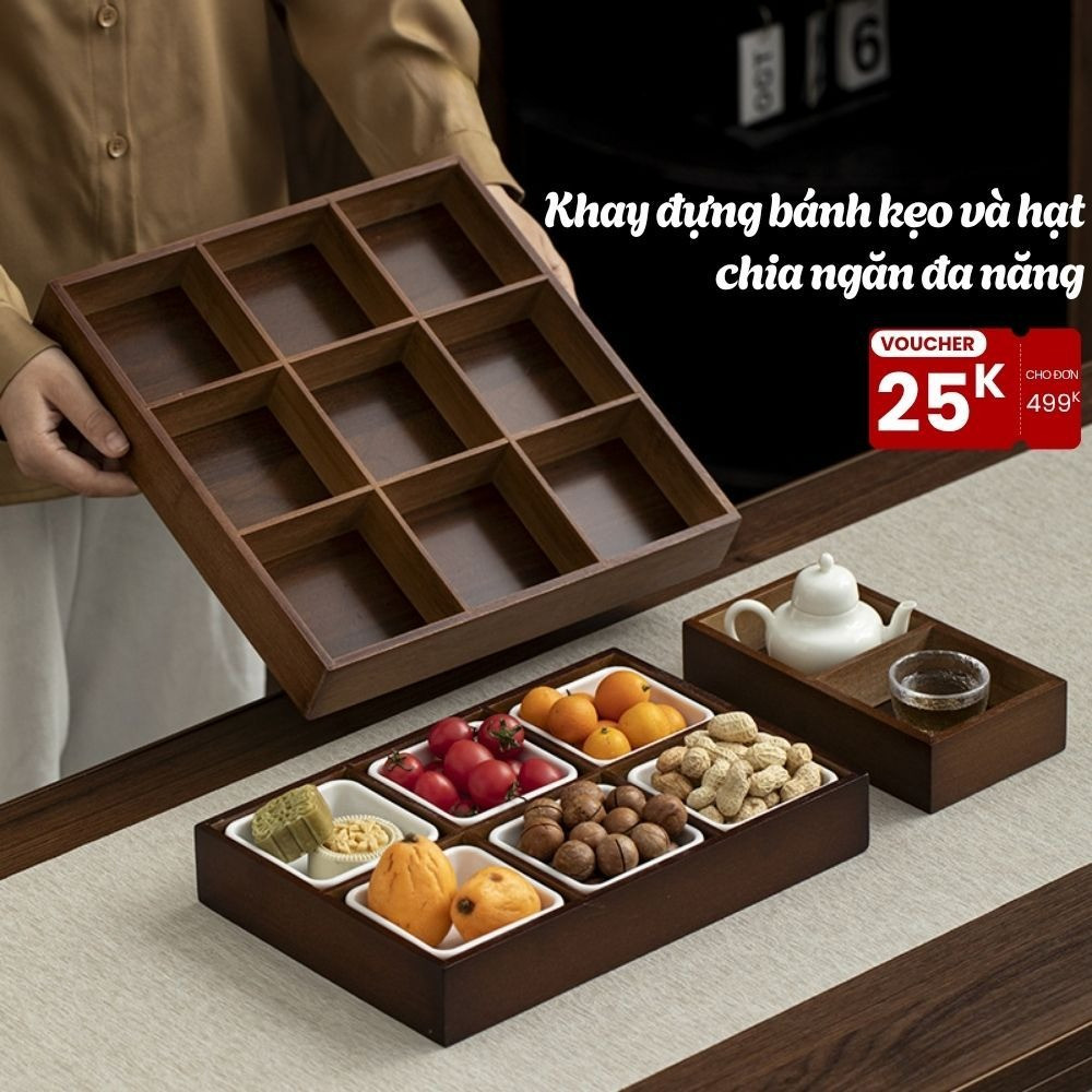 Khay đựng bánh kẹo và hạt chất liệu gỗ óc chó chia ngăn sang trọng DINOHOME, Khay đựng hoa quả,trà, bánh ngọt