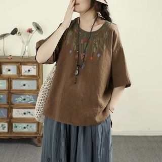 Váy Áo Retro Thêu, Vải Lanh Cotton, Cổ Tròn, Half Sleeve - Nữ