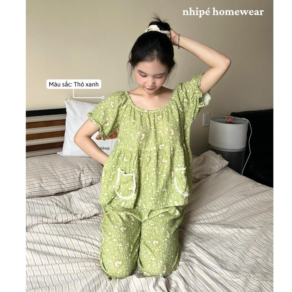 Bộ đồ xô tay bồng quần dài nhipé homewear nữ set đồ ngủ mặc nhà chất liệu xô muslin cao cấp mềm mịn mát họa tiết hoa