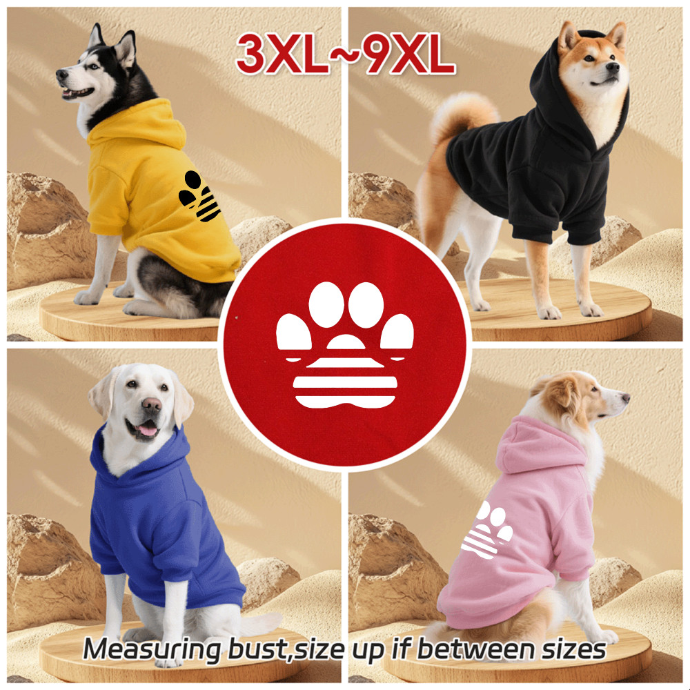 Áo Hoodie cho chó lớn 3XL-9XL, in sọc chân chó, phong cách chui đầu, Có 6 màu, Vải mềm, Thoải mái, thoáng khí, ấm áp, có thể giặt được, Thích hợp cho tất cả các giống chó lớn