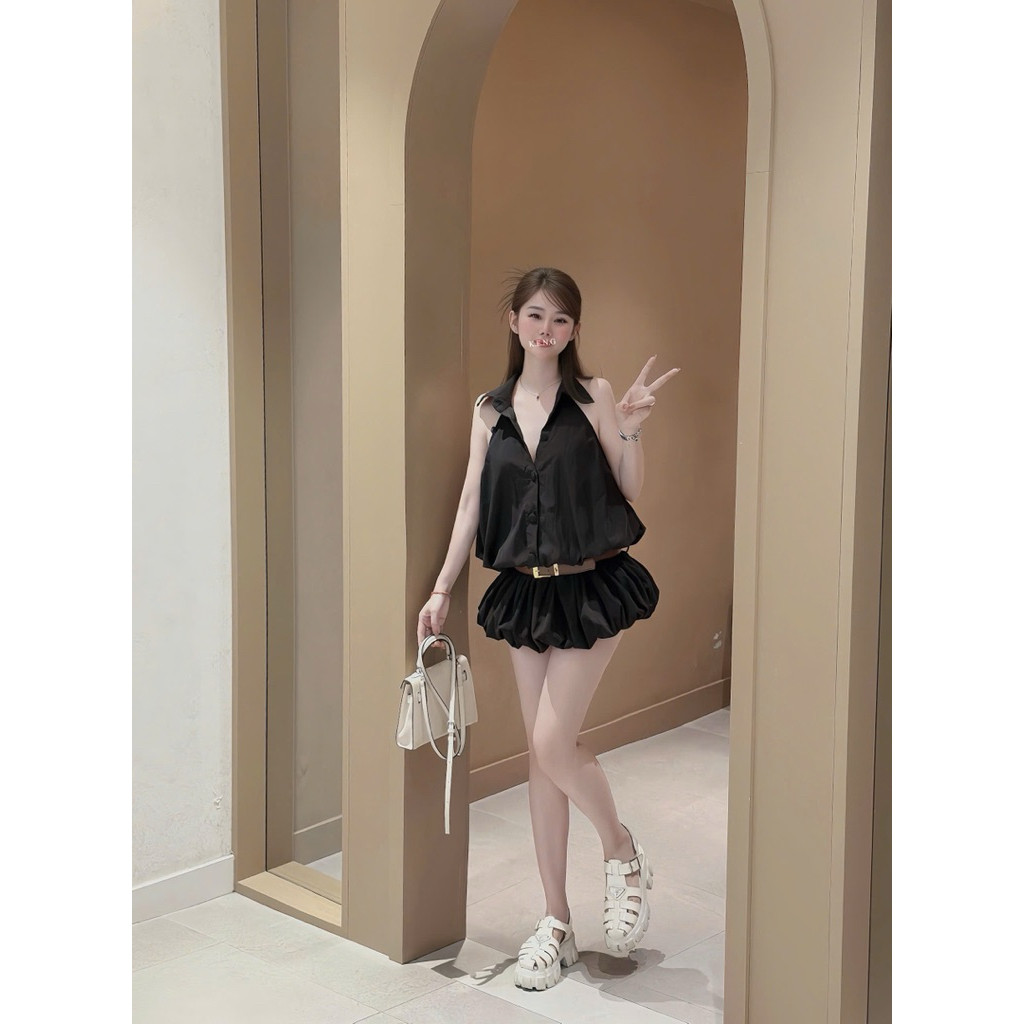 Đầm cổ yếm khuy bọc kèm đai chân xoè bồng siêu đẹp BYJOLIE