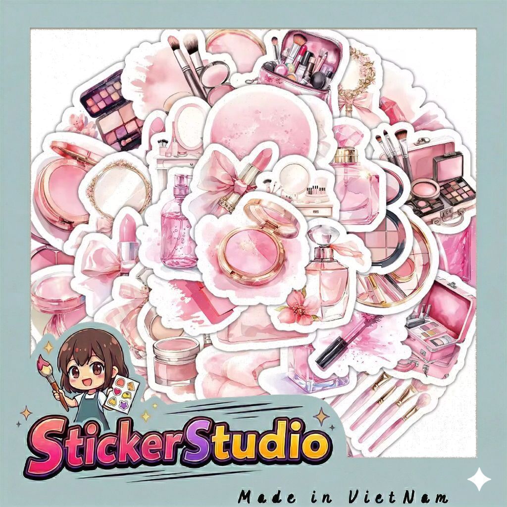 sticker đồ makeup màu hồng tiểu thư