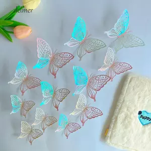 DELMER 12 Cái / bộ Trang Trí Tường Bướm 3D, Nhãn Dán Bướm Rỗng Đầy Màu Sắc Tinh Tế, Hoạt Hình Nhiều Lớp 3 Kích Cỡ DIY Mô Phỏng Đồ Trang Trí Bướm Lễ Hội