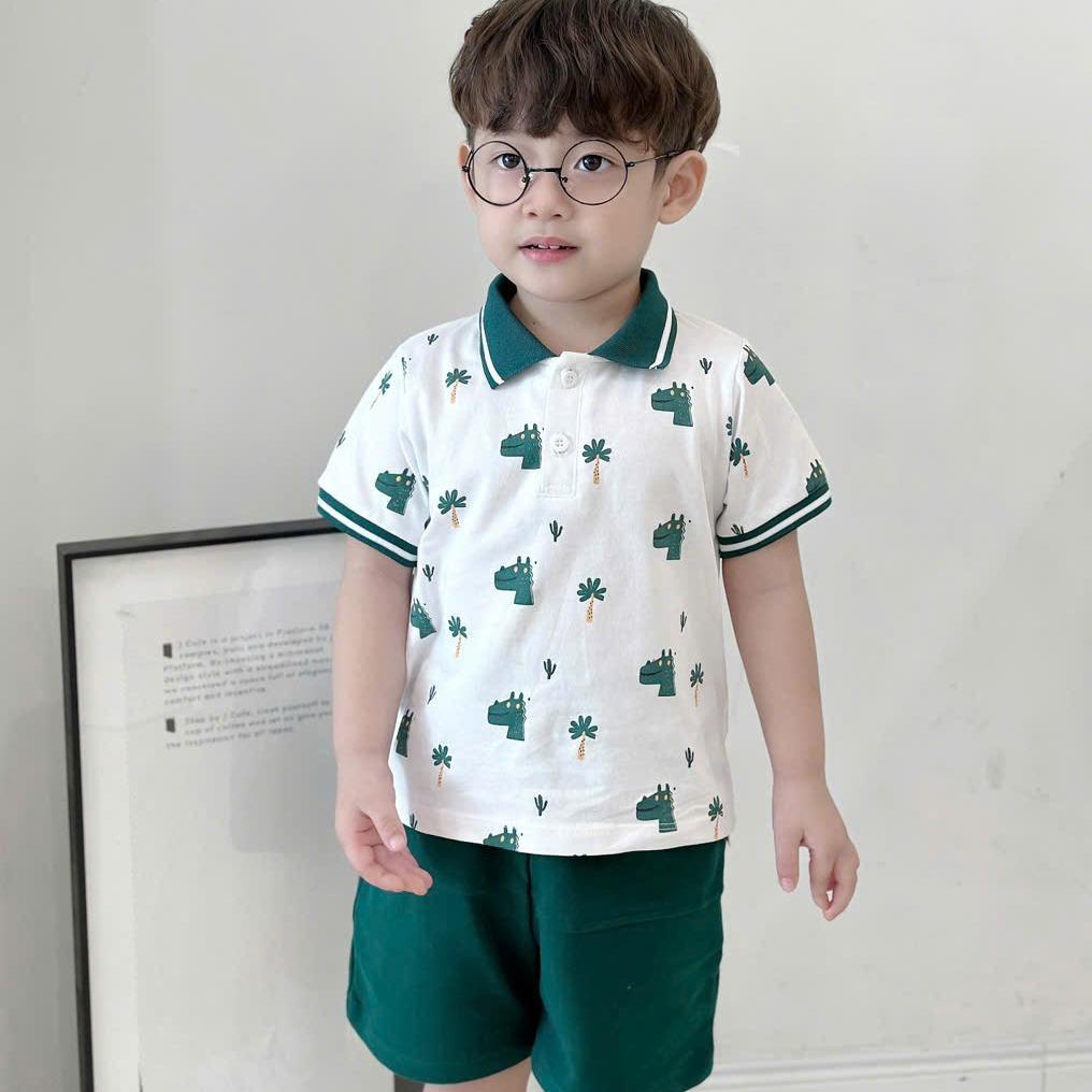 Bộ quần áo POLO IN KHỦNG LONG QUẦN XANH CHO BÉ TRAI,  Bộ quần áo chất COTTON thoải mái cho bé
