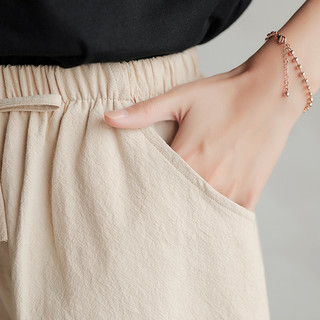 Quần short vải lanh màu trơn dành cho nữ có túi và dây rút 0513
