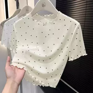 Mùa Hè Mỏng Phong Cách Chấm Bi Nấm Cạnh Mặt nạ Tay Ngắn Mỏng Áo Thun Ngắn Top Nữ