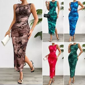 Hot Girl Split In Hình Pháp Sling Retro Đầm Slim-fit Tie-dye Váy Trượt Tuyết Dài