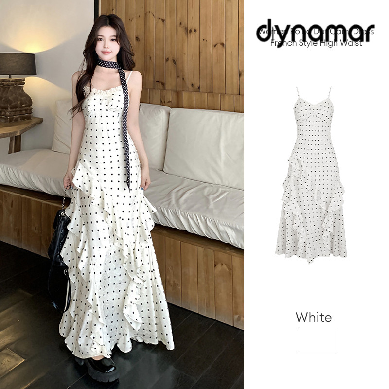 【dynamar】Đầm hai dây chấm bi kiểu Pháp, cạp cao, xếp ly, dáng đuôi cá, dài, không tay, thích hợp cho mùa xuân hè.
