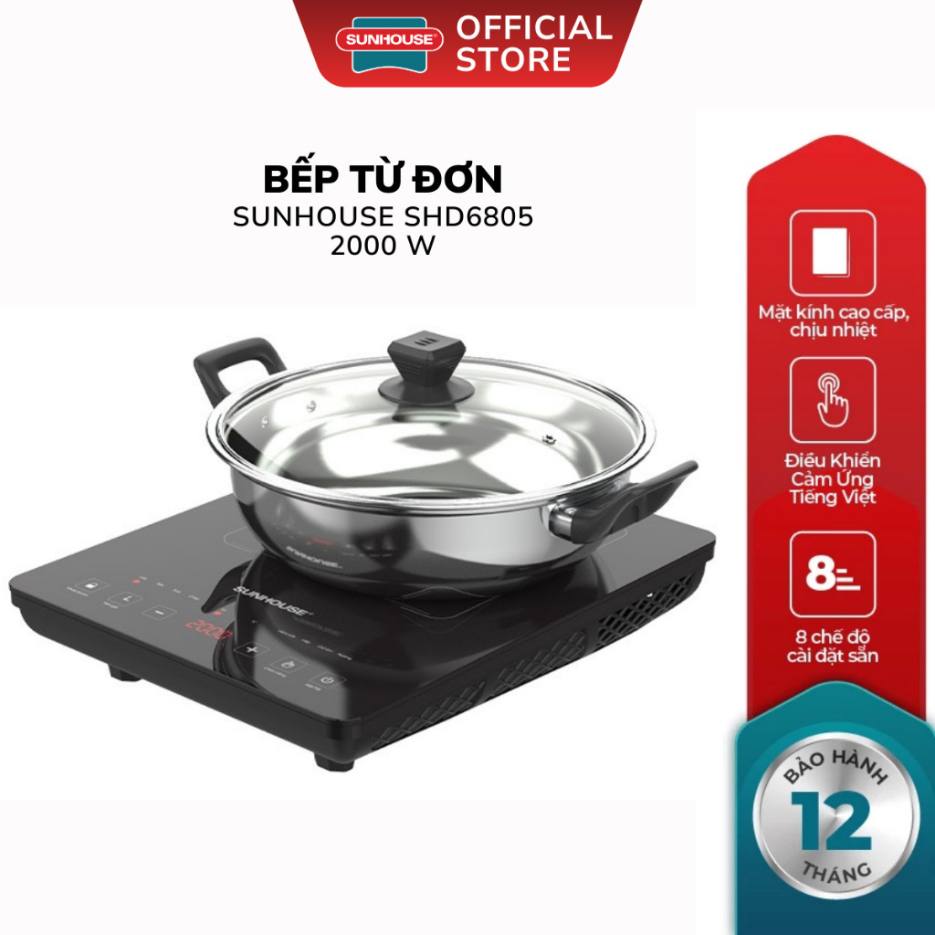 Bếp Điện Từ Đơn Sunhouse SHD6805 - Công Suất 2000W, Phím Cảm Ứng, Bảo Hành 12 Tháng