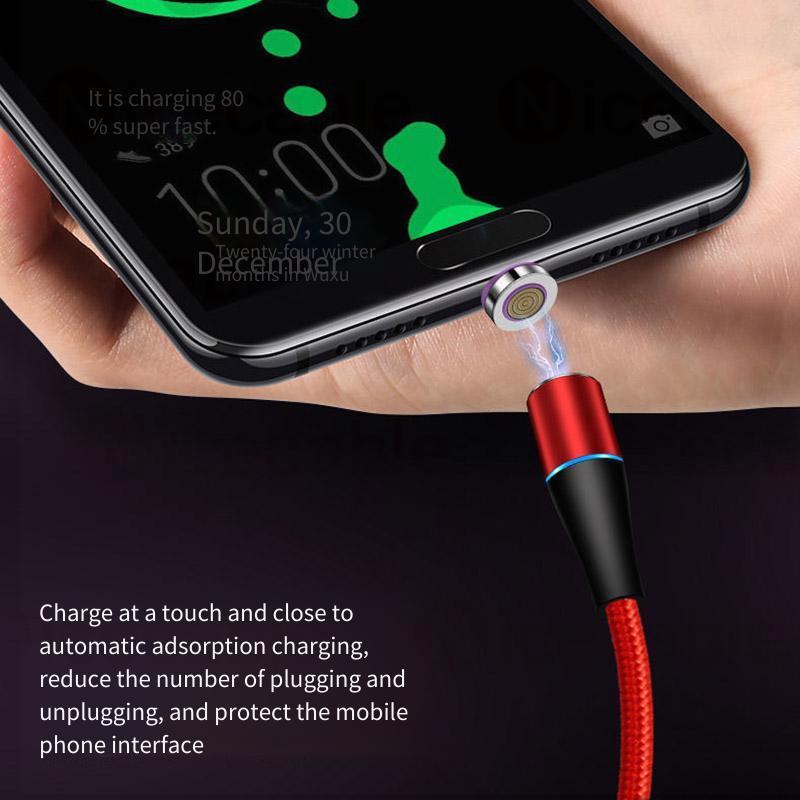 Cáp dữ liệu sạc nhanh 3 trong 1 5A có phích cắm Type-C / Micro / IOS 360° Cáp dữ liệu sạc từ tính có thể xoay Cáp dữ liệu sạc đèn LED dệt