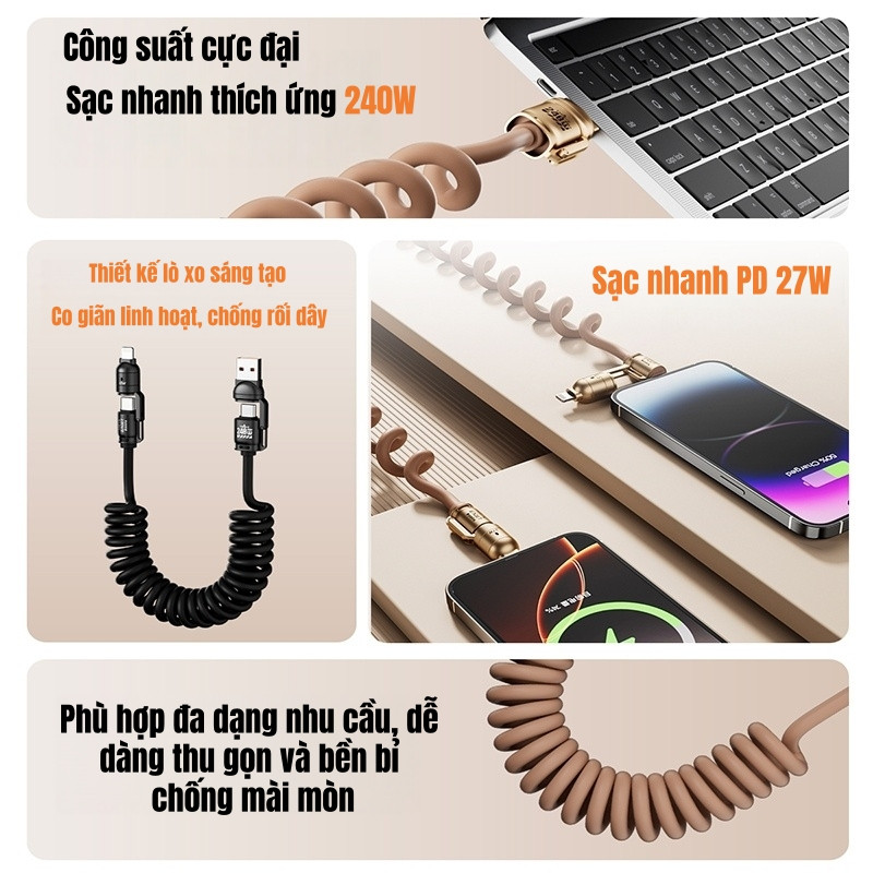 Cáp Sạc Nhanh 240W  Tốc độ sạc gấp  4 Trong 1, kim loại cao cấp,  bán chạy nhất