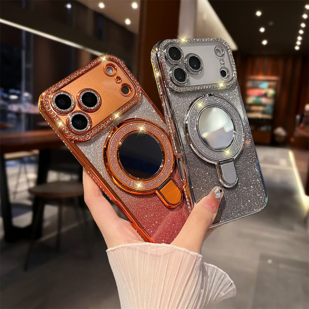 Gương Lấp Lánh Gắn Từ Tính Ốp Lưng Điện Thoại iPhone 17 Pro Max 16 11 12 13 14 15 Pro Max Air 15 16 plus Ống Kính Bảo Vệ Camera Vỏ Chống Sốc TPU Vỏ Mềm Điện Thoại