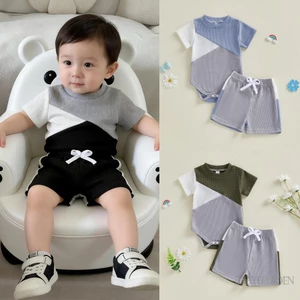 Bé Trai Mùa Hè Trang Phục Waffle Chắp Vá Áo Liền Quần Ngắn Tay Co Giãn Eo Quần Short 2 Chiếc Bộ Quần Áo