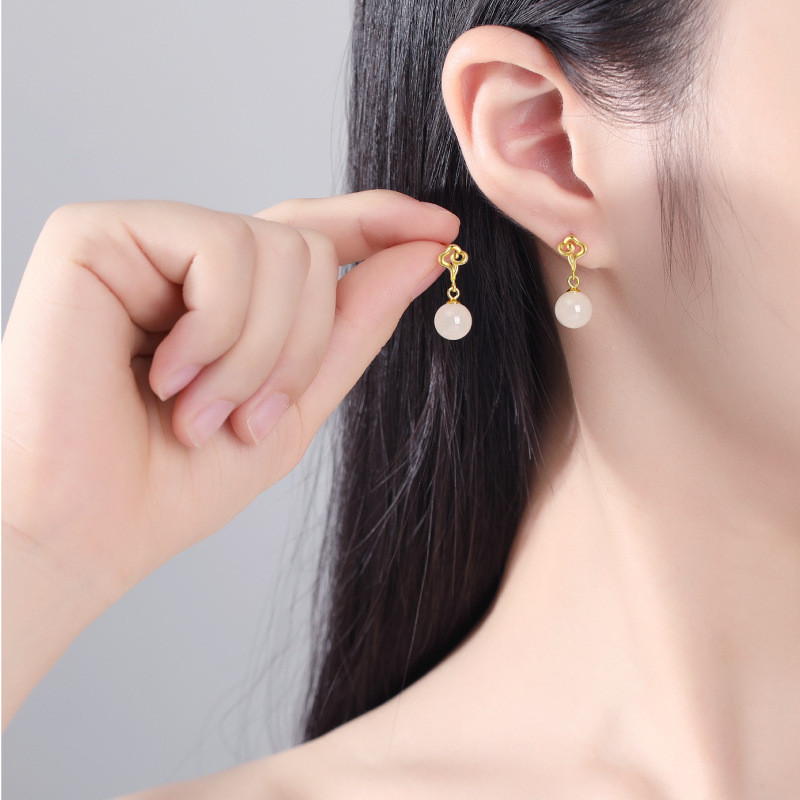 Bông tai kim bạc ngọc bích tự nhiên phong cách Trung Quốc mới