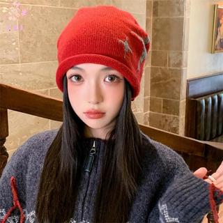 Y.X.I Beanie Hoa Văn Ngôi Sao Dây Rút, Retro Knitted, Ấm Áp Thu Đông, Bảo Vệ Tai