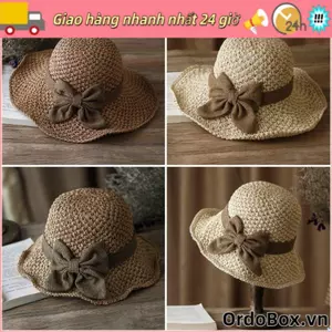 Mũ rơm bện ORDOBOX, Mũ che nắng chống tia cực tím thoáng khí, Vành rộng có thể gập lại cổ điển có nơ Mũ đi biển mùa hè