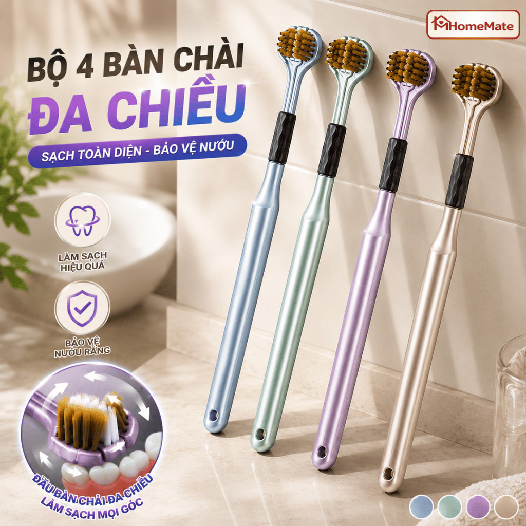 [FULLBOX] Bộ 4 Bàn Chải Đánh Răng Đa Chiều HomeMate, Đầu Chữ U 3 Mặt Lông Mềm Làm Sạch Khoang Miệng