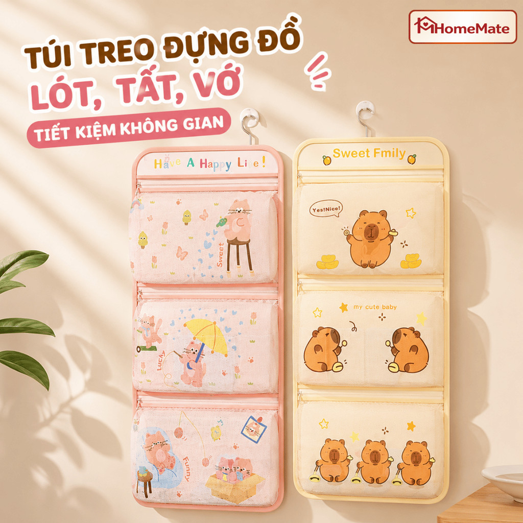 Túi Treo Đựng Đồ Lót HomeMate Có Khóa Kéo Hình Mèo Dễ Thương, Túi Treo Tất Vớ Phụ Kiện Tiết Kiệm Không Gian