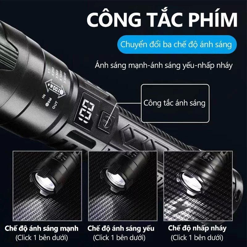 Đèn pin siêu sáng, chống nước IPX7, sạc nhanh USB, thời lượng pin dài, kích thước nhỏ gọn, dễ mang theo, bền bỉ.