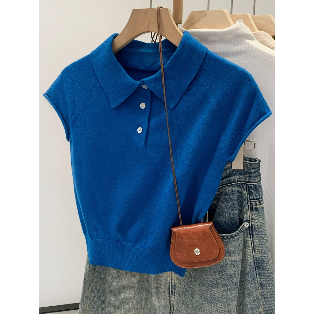 Mùa Hè Mới Nữ Crop Tops Nhẹ Nhàng Màu Trơn Cổ Polo Tay Ngắn Dệt Kim Áo Thun 260514
