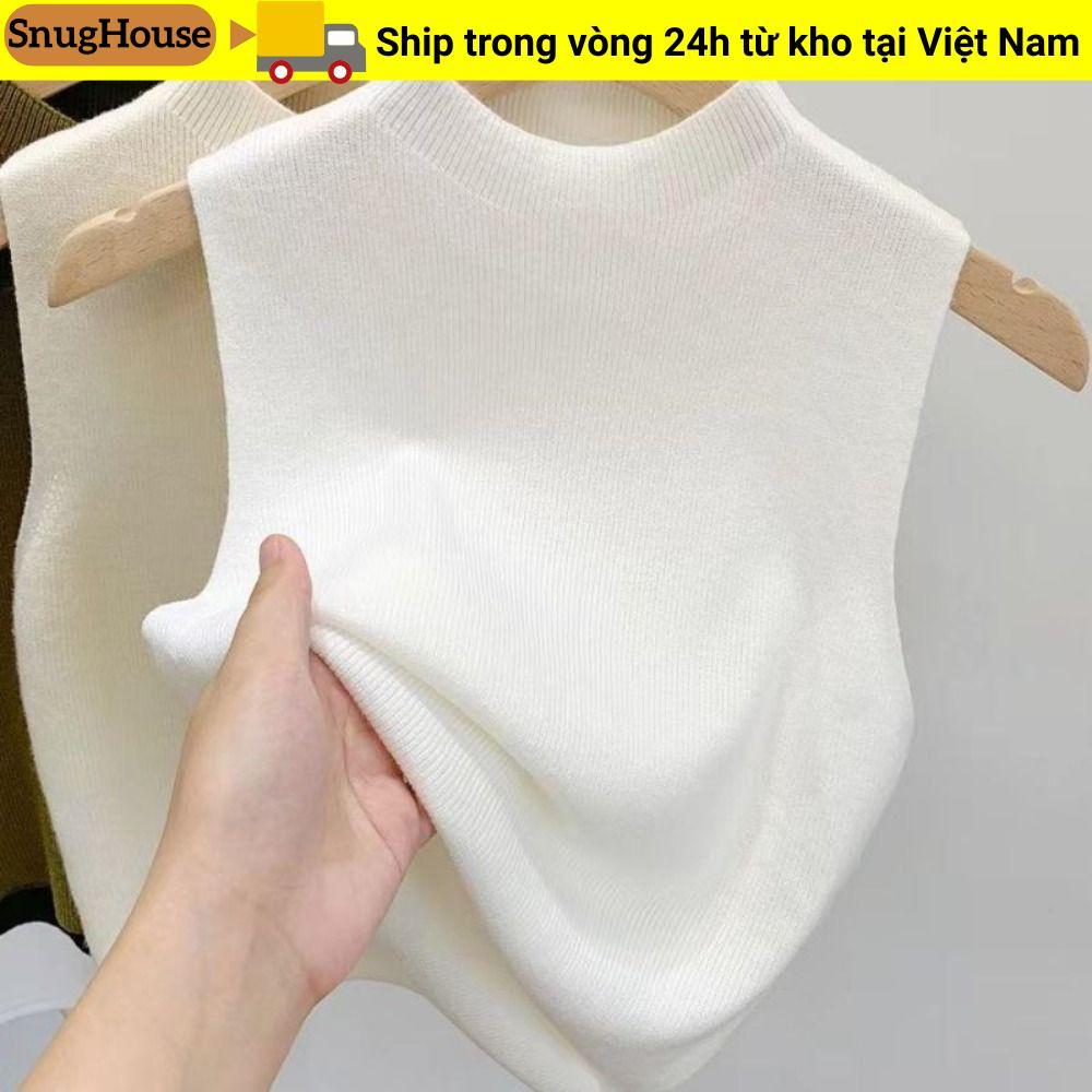 Áo len dệt kim SNUGHOUSE, Áo không tay nửa cổ, Áo crop top nữ màu trơn giảm béo thanh lịch