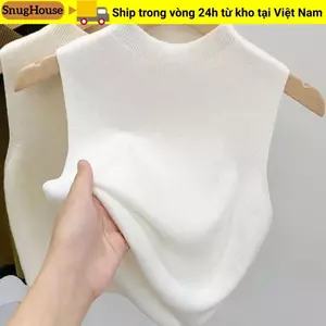 Áo len dệt kim SNUGHOUSE, Áo không tay nửa cổ, Áo crop top nữ màu trơn giảm béo thanh lịch