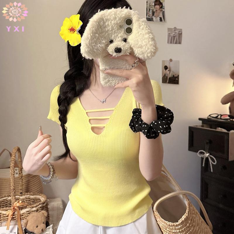 Y.X.I V-ne Ice Silk Áo Thun Tay Ngắn Mùa Hè Gợi Cảm Nữ Thường Ngày Màu Trơn Áo Mới