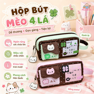 Hộp bút mèo cỏ bốn lá – Phong cách Hàn, dung tích lớn, nhiều ngăn – Dễ thương, sang trọng – Khóa kéo mượt, vải chắc