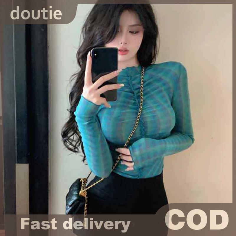 Doutie Áo Thun Cổ Tròn Tay Dài Thu Đông, Chất Liệu Lưới RetroSlim Fit