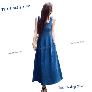 Váy yếm denim không tay màu xanh dành cho nữ, kiểu dáng mùa hè mới, cổ vuông, ôm eo, tôn dáng