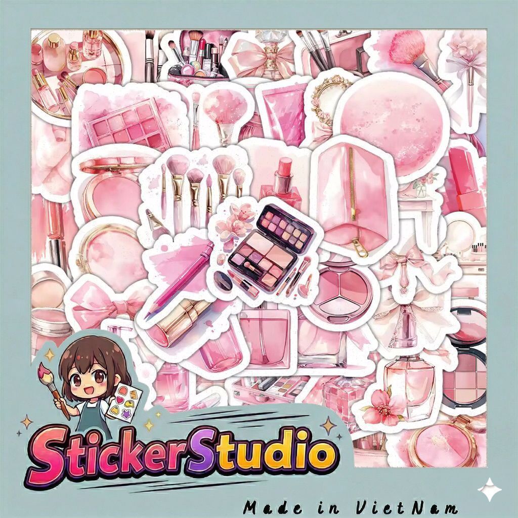 sticker đồ makeup màu hồng tiểu thư