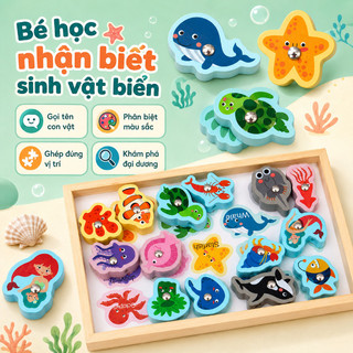 Đồ chơi gỗ câu cá nam châm – Sinh vật biển, ghép hình, xâu dây – Rèn luyện tay mắt, phát triển trí tuệ cho bé