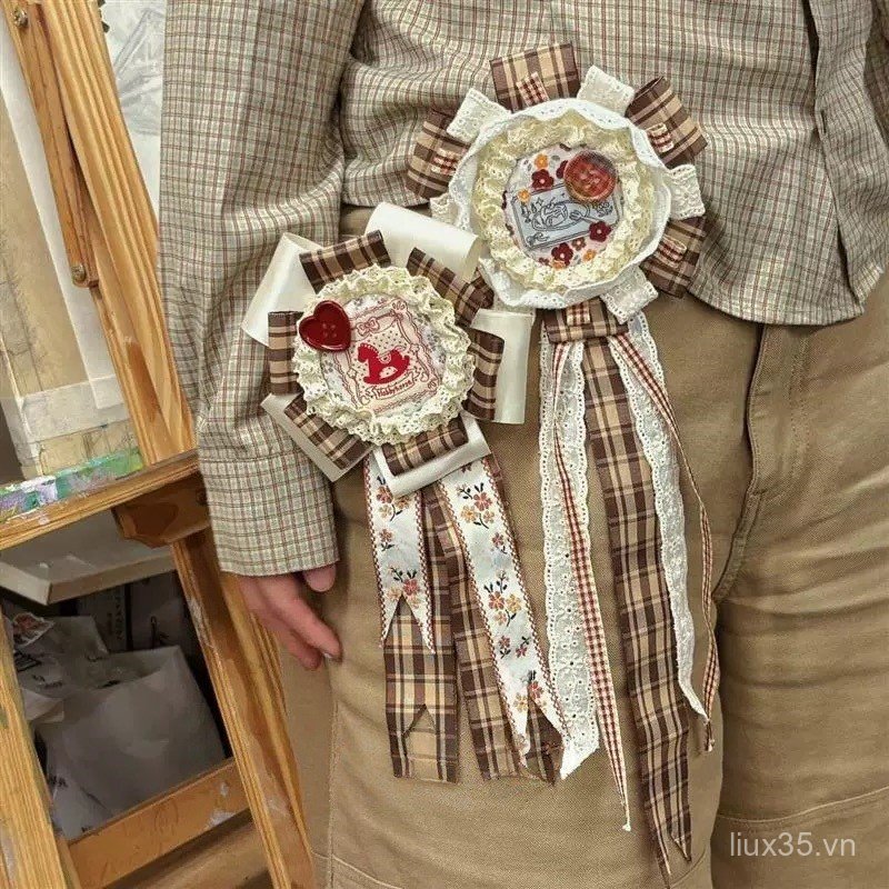 LXY Handmade Ba Chiều Hoa Thổ Cẩm Ouyang Nana Cùng Phong Cách Corsage Thổ Cẩm Ruy Băng Ren Tốt Nghiệp Huy Hiệu Trâm Cài