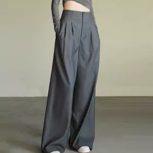 Quần ống rộng lưng cao Drape Suit Quần nữ che đáy quần Hình dáng ôm hơn Quần thẳng Quần eo hẹp Màu xám đậm