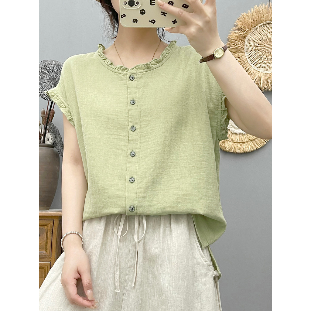[Hàng có sẵn] Áo sơ mi nữ 100% sợi Cotton chất lượng cao Nghệ thuật mùa hè Cổ nhỏ tươi mềm mại Áo không tay thân thiện với da