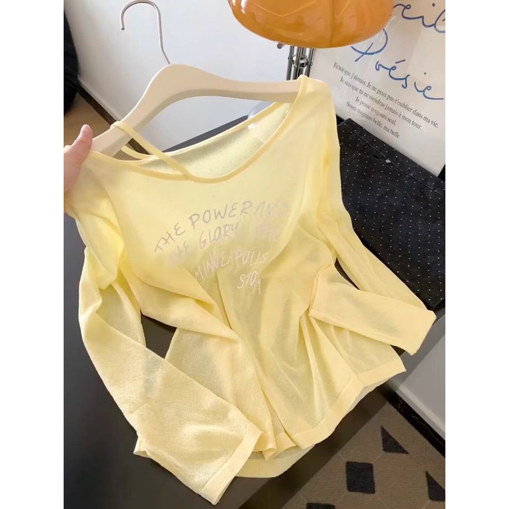 Milyfashion Island Kỳ nghỉ giải trí Kem chống nắng dài tay mỏng t Off-Shoulder Hơi trong suốt Dopamine Top
