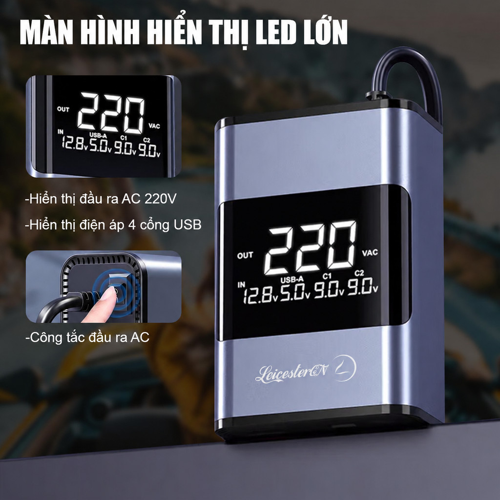 Bộ Sạc Ô Tô 200W USB Type-C Sạc Nhanh Laptop Điện Thoại Màn Hình LCD Bảo Hành 1 Năm