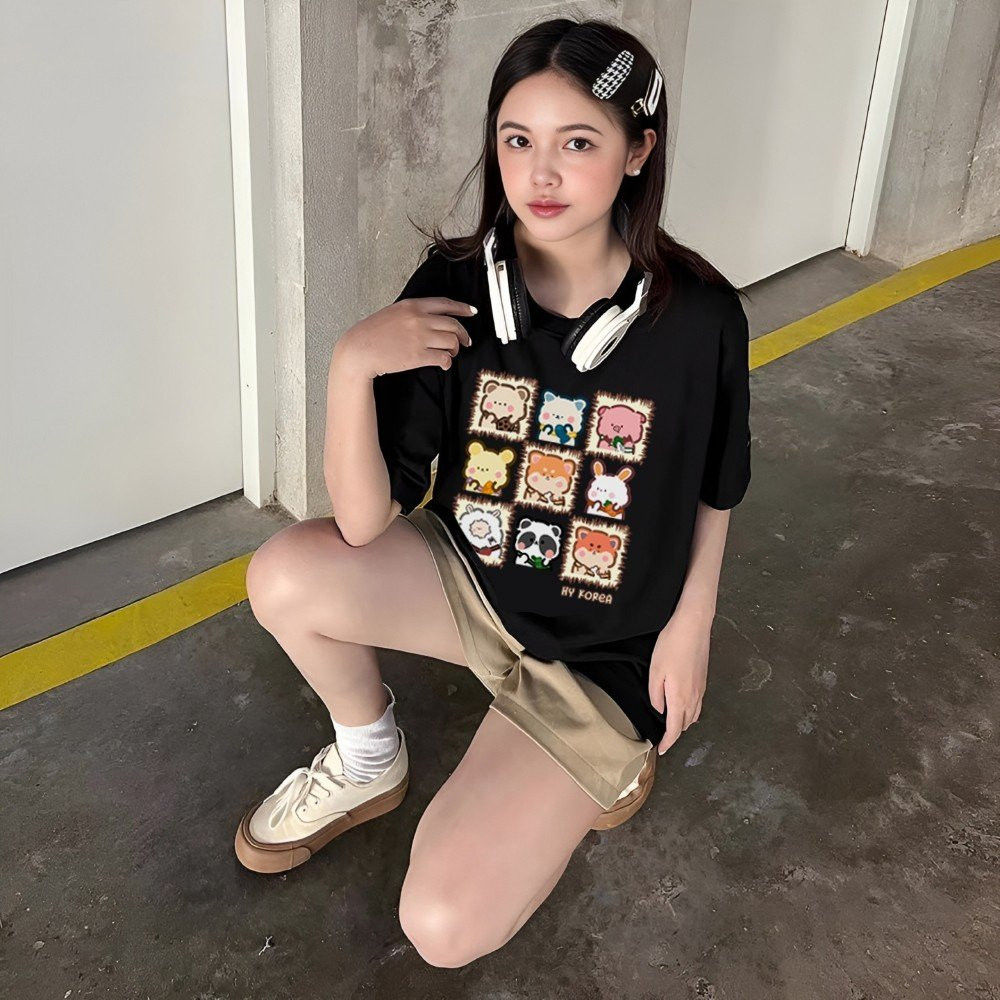 （Giao hàng 24h）Angela Áo thun form rộng  Zoo 1417 cotton 75% tay lỡ unisex