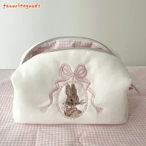 FAVORITEGOODS Trang Điểm Tổ Chức, Túi Đựng Mỹ Phẩm Nơ Thỏ, Dây Kéo Di Động Đóng Cửa Dung Tích Lớn Màu Trắng Hồng Túi Vệ Sinh Du Lịch Nữ Bé Gái