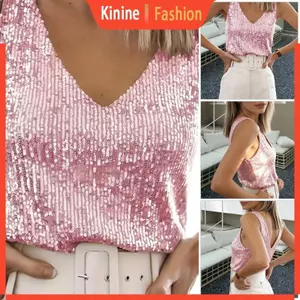 KIN Sequins Tank Tops dành cho nữ dáng rộng vừa vặn không tay cổ chữ V Cami Áo hai dây
