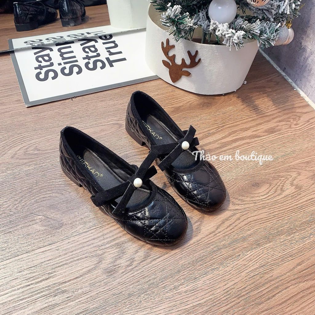[Thảo Em - BB28] Giày búp bê nữ đế bệt da lì mềm quai nơ đính ngọc sang chảnh [QCCC]