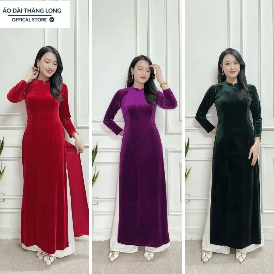 Áo Dài Truyền Thống Cho Mẹ Nữ Trung Niên Màu Trơn 2 Tà Nhung Tuyết Mềm Mịn Co Giãn May Sẵn Cổ Cao 2cm Thăng Long AD